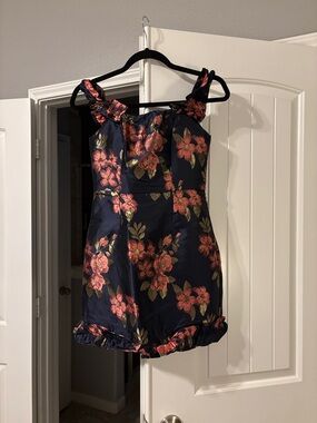 Pop the Bottle Navy Blue Floral Jacquard Ruffled Mini Dress